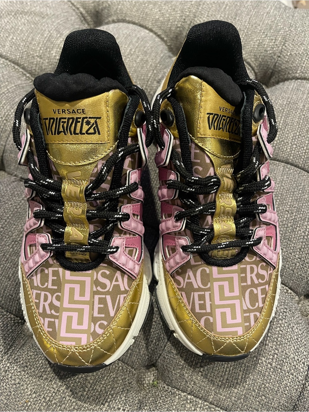 Versace Trigreca Pink & Gold Logo-Print Platform Sneakers
